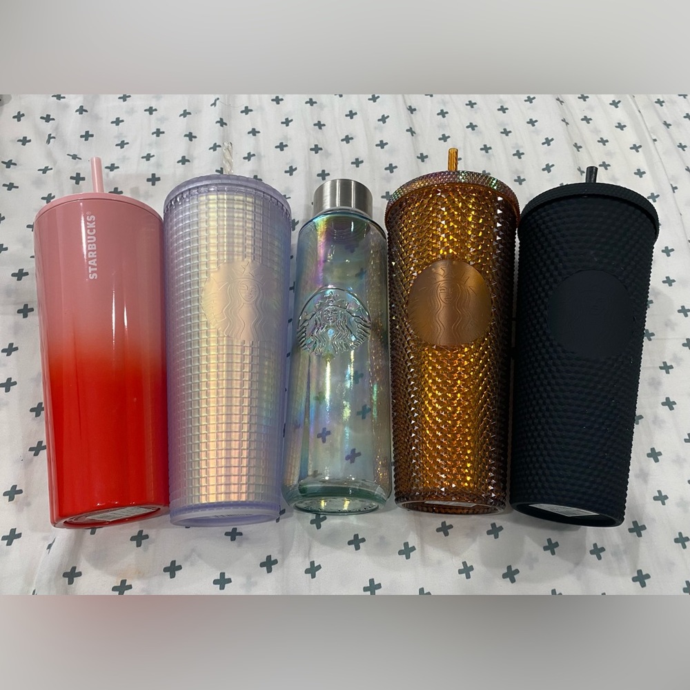 4 Starbucks Tumblers and 1 Glass Bottle Lot Bundle Set studded iridescent shiny